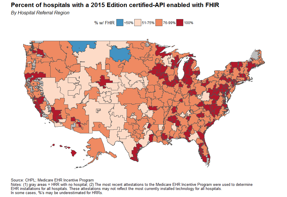 Map of the United States showing regional adoption of HL7 FHIR certified EHRs with text description above.