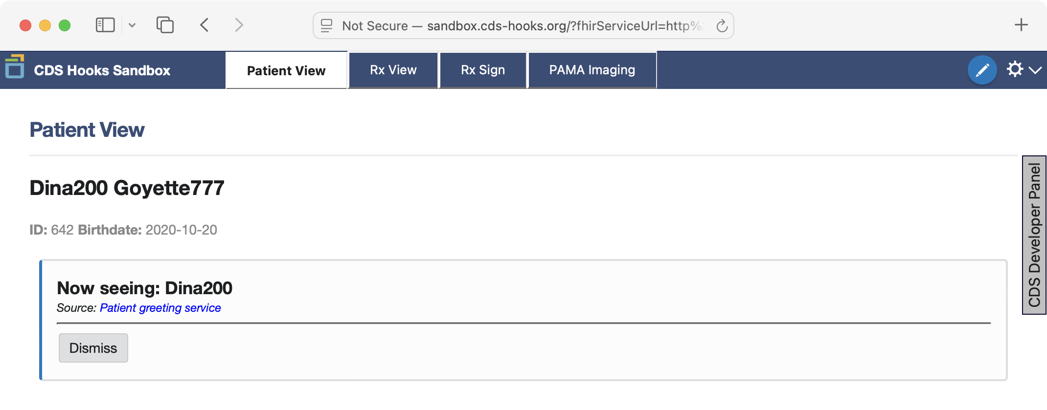 Screenshot showing patient record in the CDS Hooks Sandbox without the retinoblastoma CDS Hook card displayed.