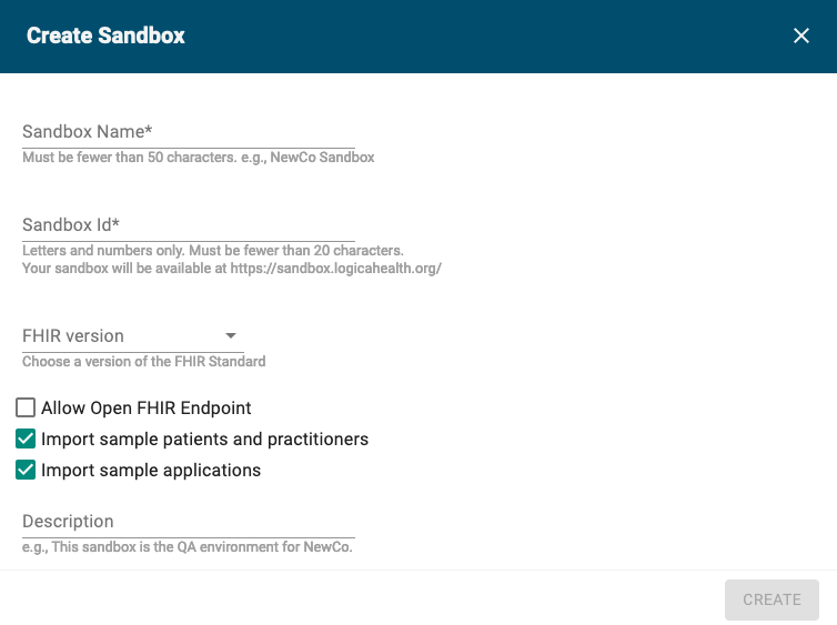 A screenshot of the creation options for a Logica Sandbox